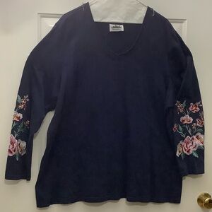 Embroidered Sleeve Floral Navy Top